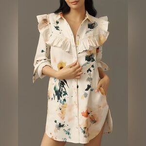 Anthropologie Pilcro Long Sleeve Ruffled Denim Mini Shirt Dress NWT!